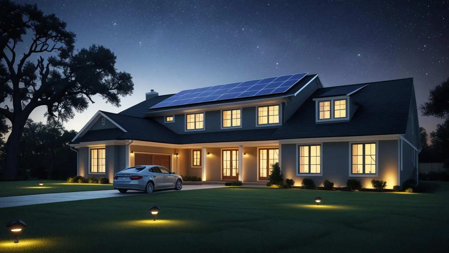 Suburban home at night with solar panels and glowing lights, powered by stored solar energy