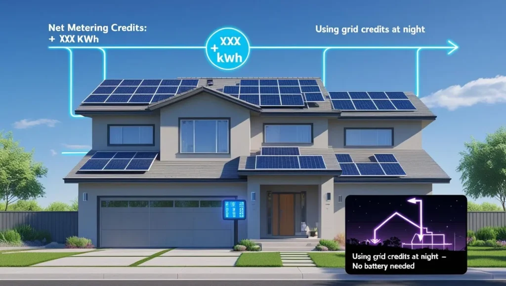 House with solar panels sending electricity to the grid, showing net metering credits on a digital meter. Nighttime inset shows power flowing back from the grid with the text “Using grid credits at night – no battery needed.” Electrical current icons and clear typography illustrate net metering