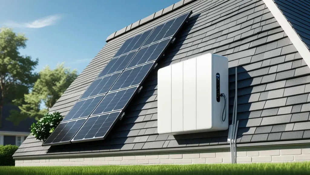 Solar battery storage system with rooftop solar panels and a connected battery unit mounted outside a house, in a sunny suburban setting